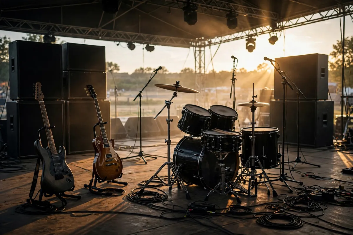 Electric guitars and a drum kit on stage at Boardwalk Rock Festival, before the show