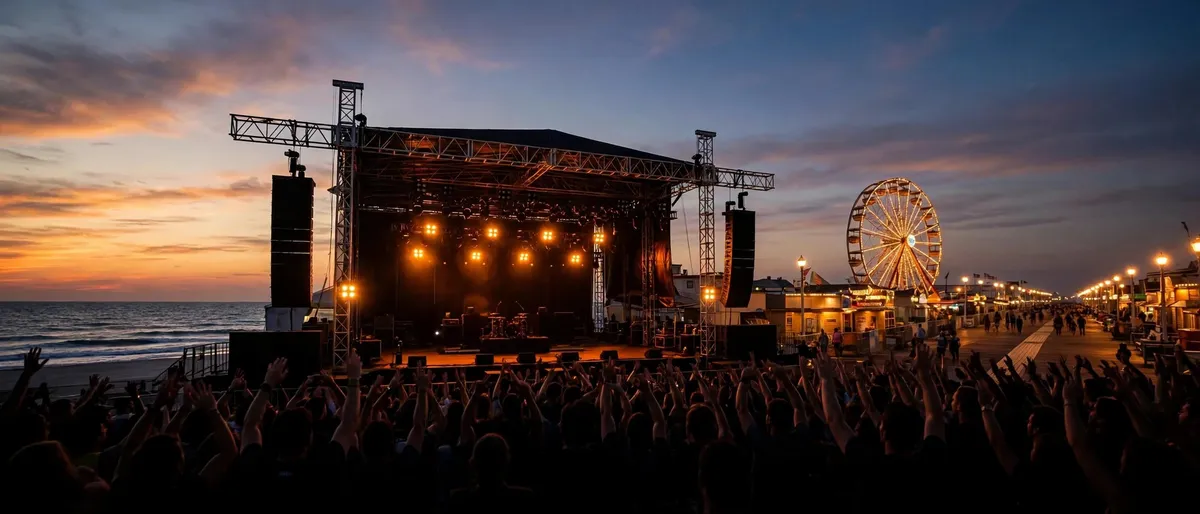 Boardwalk Rock Festival main stage at Ocean City Inlet Beach at dusk, the pier Ferris wheel lit up beside the stage and the crowd on the sand