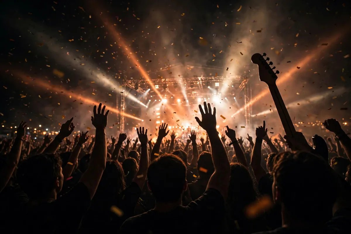 Boardwalk Rock Festival crowd with raised hands facing the main stage at night